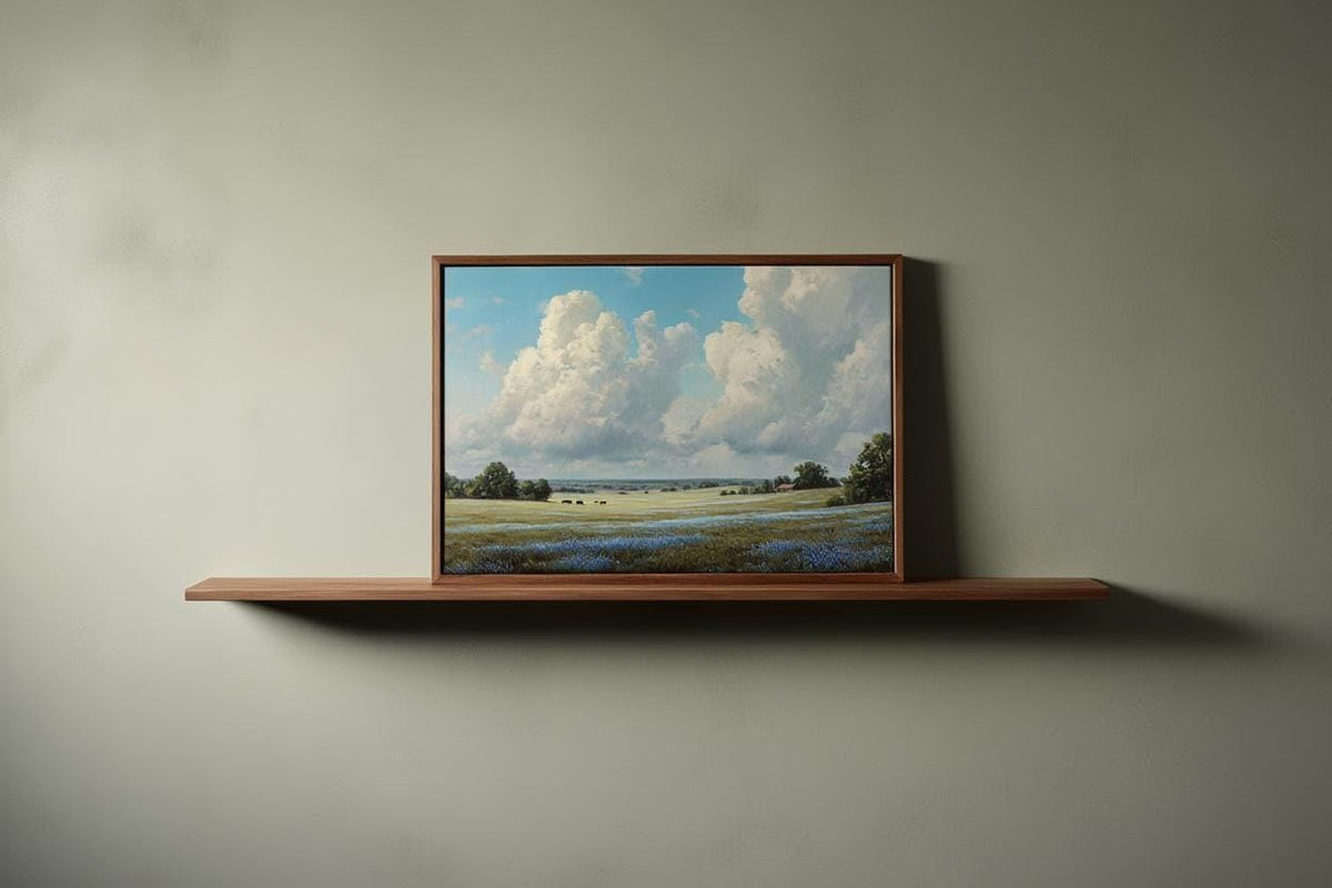 Bluebonnet Landscape Texas Wall Art, Hill Country Oil Painting, Wildflower Meadow Poster, Pastoral Countryside Print, Rustic Home Decor