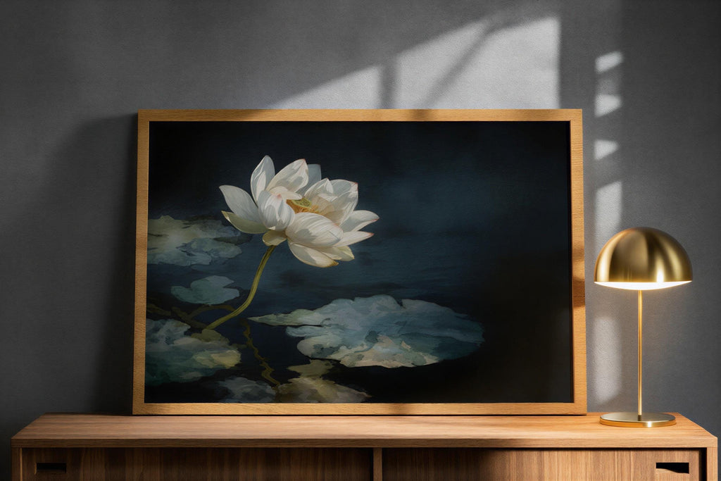 Wood-framed white lotus wall art displayed on a console under dappled light, contemplative dark lotus wall art, botanical scene