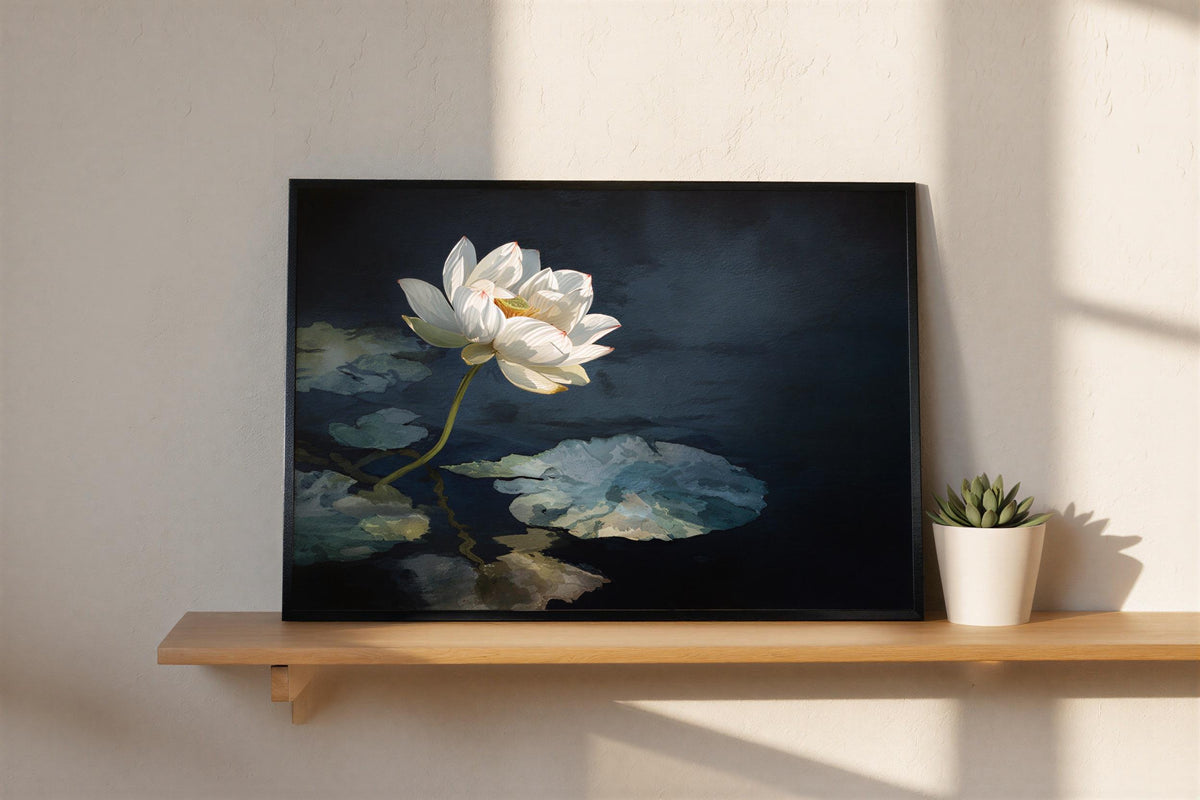 Unframed white lotus wall art resting on a slim floating shelf, sunlight skimming navy water, elegant water lily wall art accent