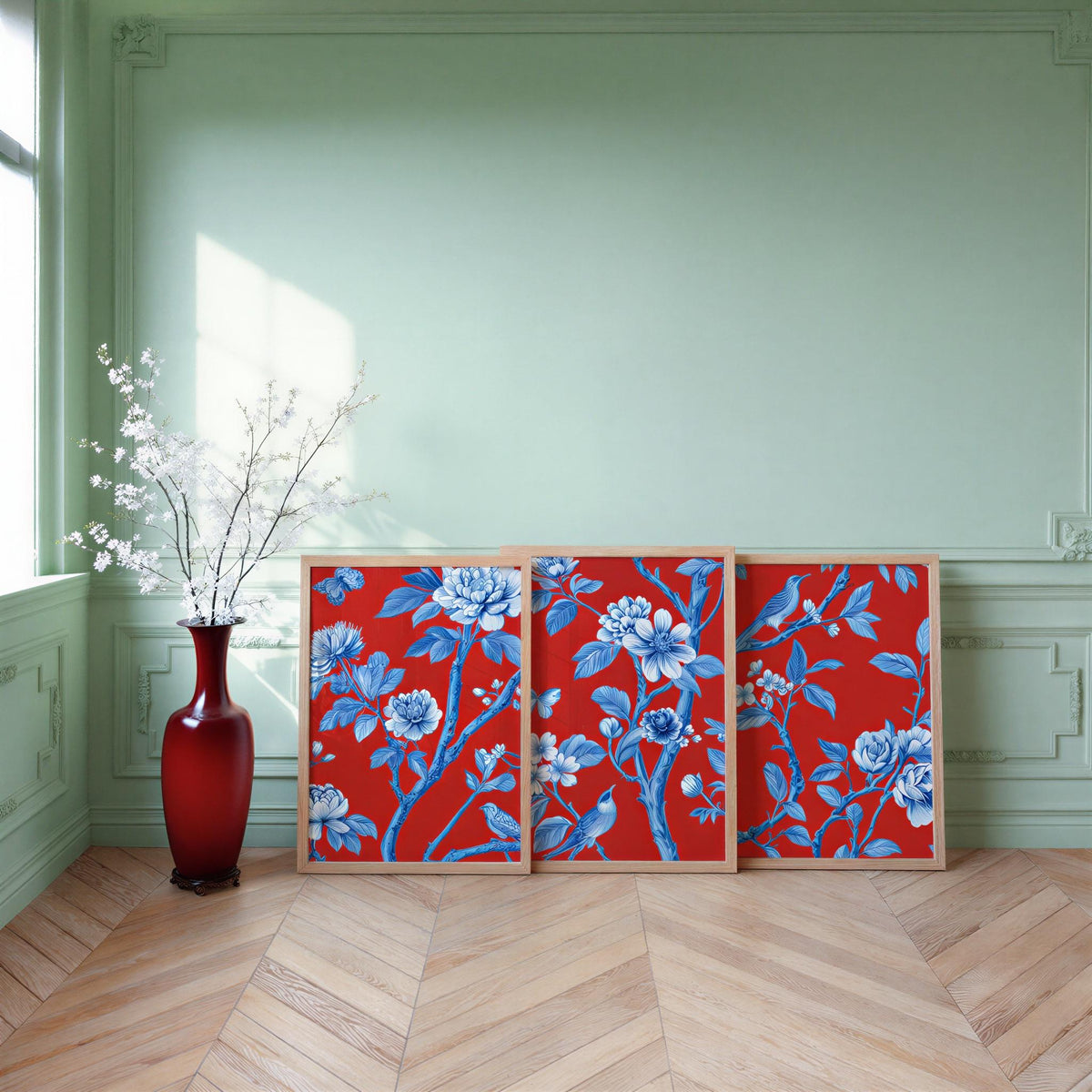 Chinoiserie Christmas Red & Blue Set of 3, Watercolor Chinese Wallpaper Print, Botanical Birds Flowers Tapestry, Floral Botanical Peonies
