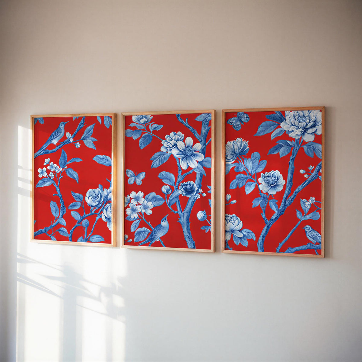 Chinoiserie Christmas Red & Blue Set of 3, Watercolor Chinese Wallpaper Print, Botanical Birds Flowers Tapestry, Floral Botanical Peonies