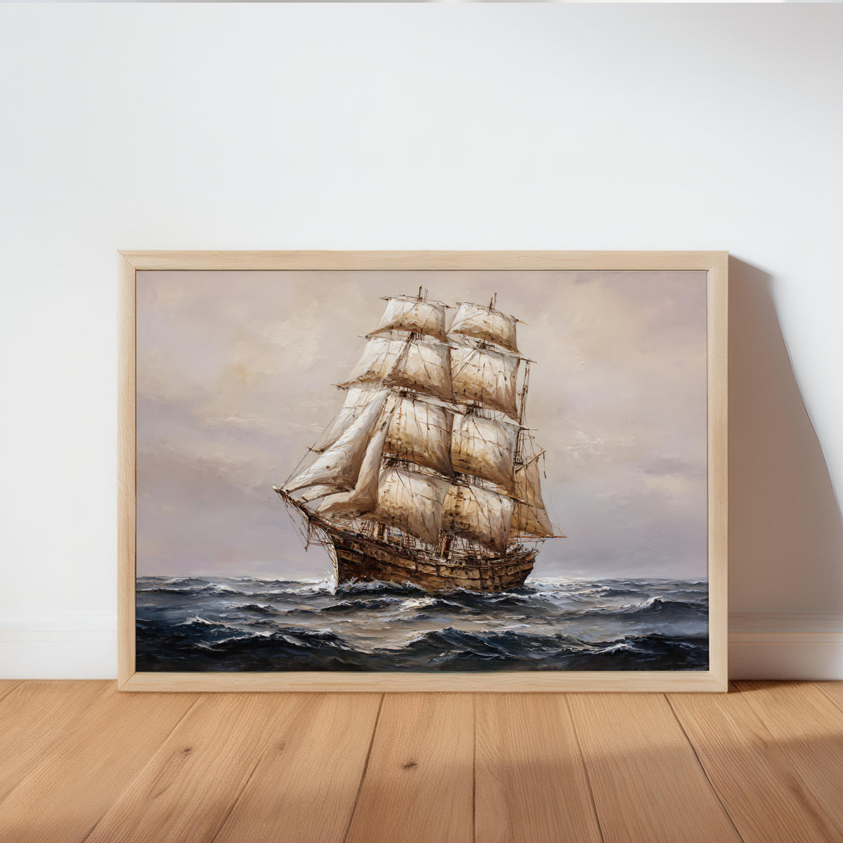 Antique tall ship canvas for nautical wall art; billowing sails on a moody navy blue seascape framed in ornate gold.