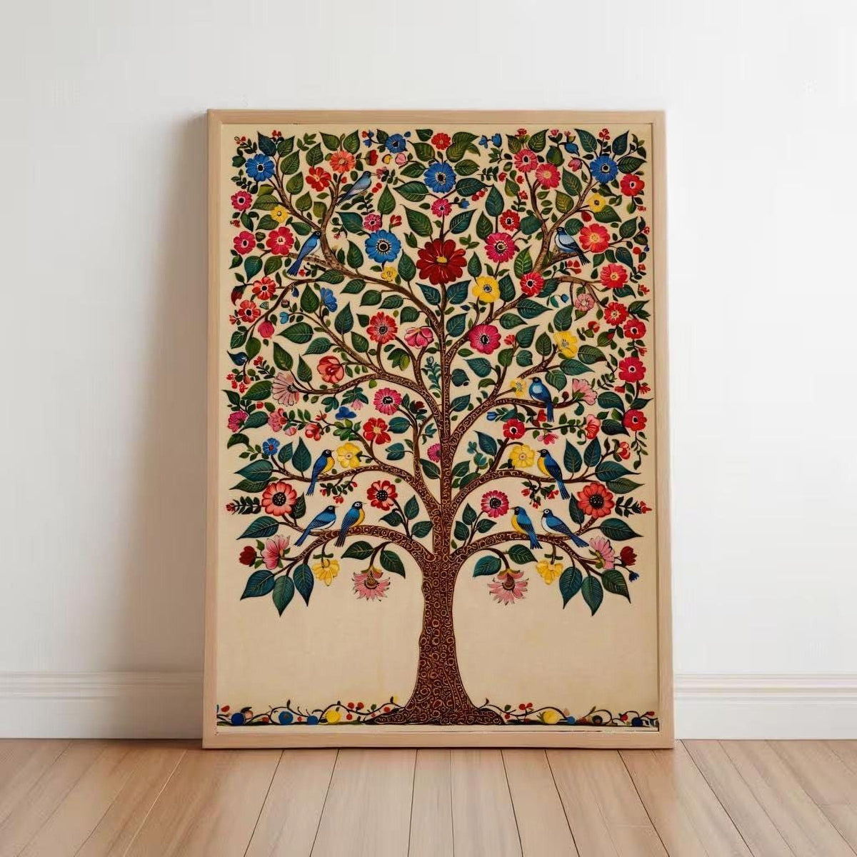 The image is a framed painting depicting a tree with a variety of colorful flowers and birds.