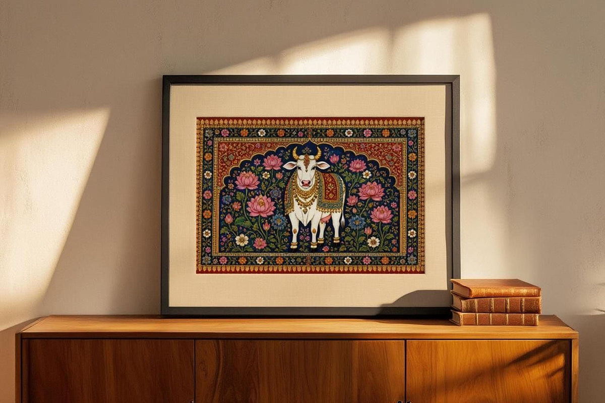 A framed painting of a cow, possibly a Hindu deity, is displayed on a wooden cabinet against a white wall.