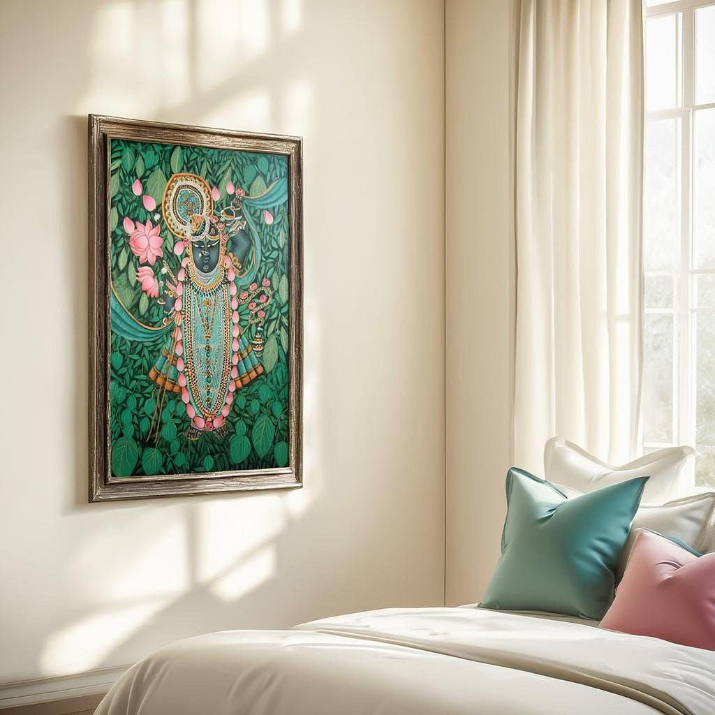 a bedroom with a large framed painting of a colorful, ornate figure hanging on the wall above a bed with white bedding and pillows.