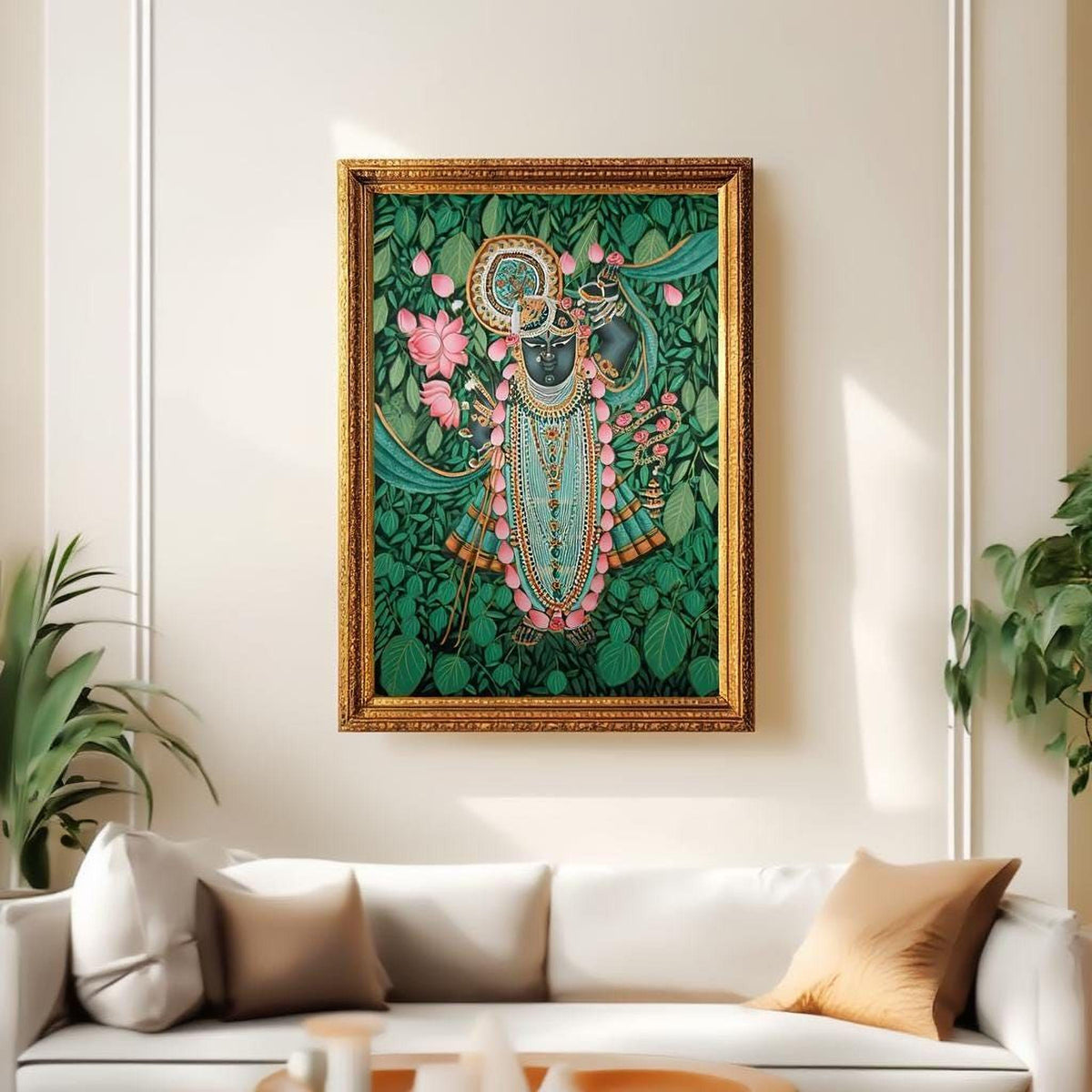 a large, ornate painting of a Hindu deity, which is hanging on a wall above a white couch in a living room.
