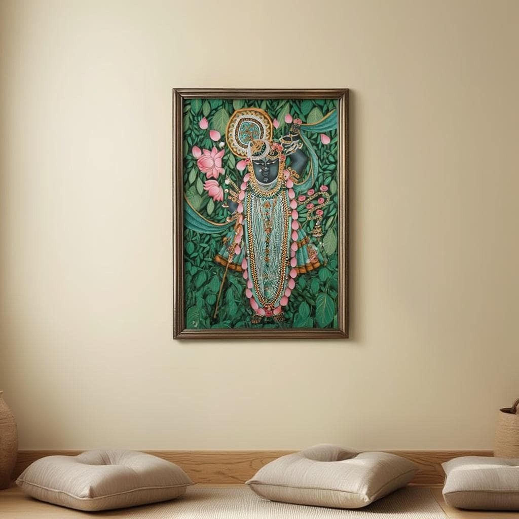 a framed painting of a Hindu deity, which appears to be a depiction of Krishna, the Hindu deity. The painting is hanging on a wall, and there are three pillows placed on a wooden floor below it.