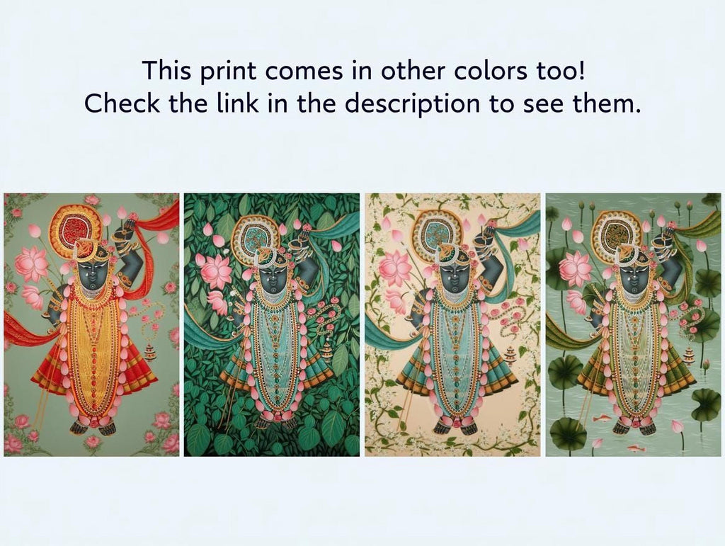 The image is a collage of four colorful paintings depicting a Hindu deity, each with different colors and styles.