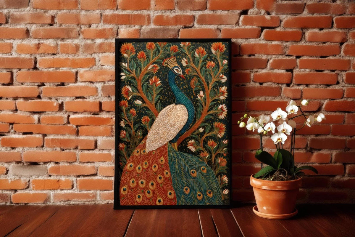 A framed painting of a peacock is displayed on a wooden surface, with a potted orchid plant to the right.