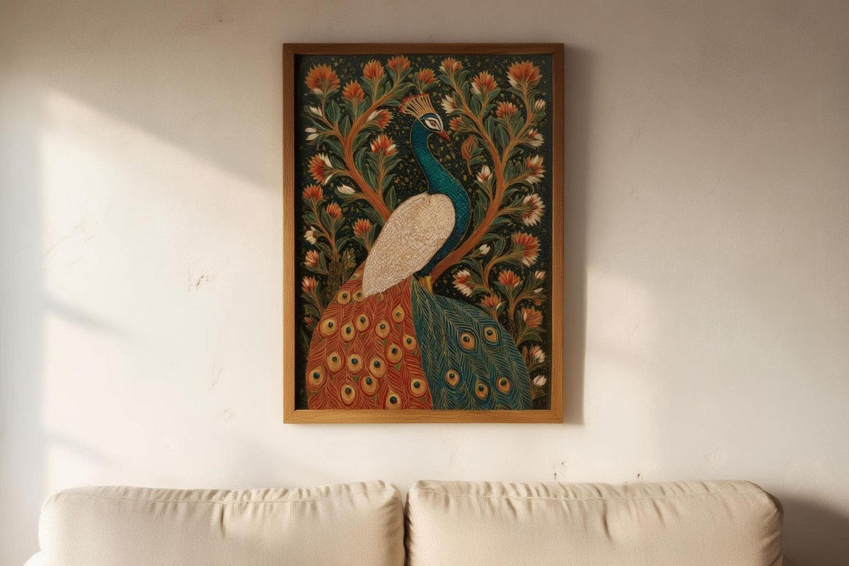 a framed painting of a peacock, with its vibrant colors and intricate patterns, hanging on a wall above a white couch.