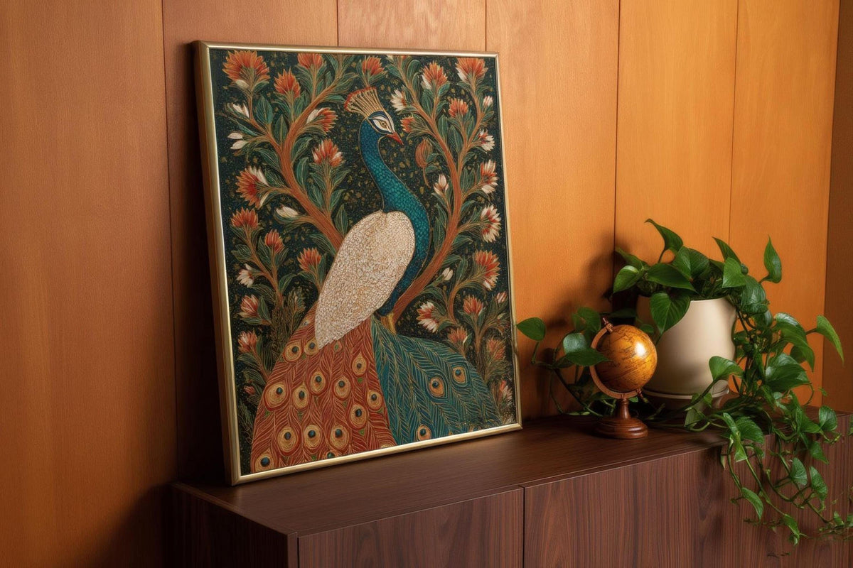a framed painting of a peacock, a decorative bird with a vibrant green body, orange and white feathers, and a blue head, displayed on a wooden shelf next to a potted plant and a globe.