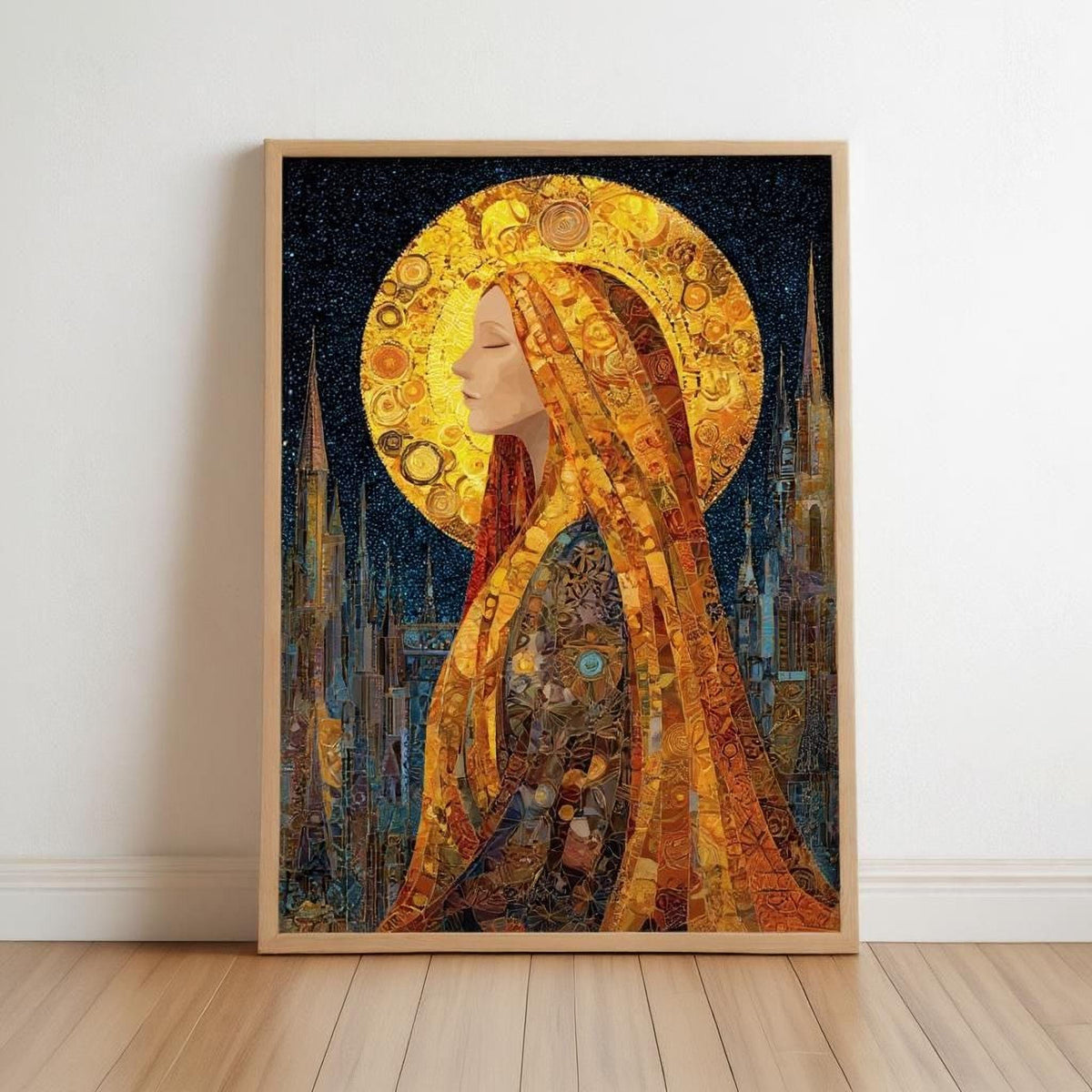 The image is a framed painting depicting a woman with long, flowing hair and a golden headdress, standing in front of a large, ornate, golden moon. The background features a cityscape with tall buildings and a starry night sky.