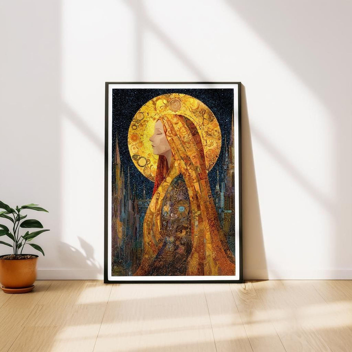 The image is a framed painting depicting a woman with long, flowing hair and a golden headdress, standing in front of a large, ornate, golden circle against a dark background.