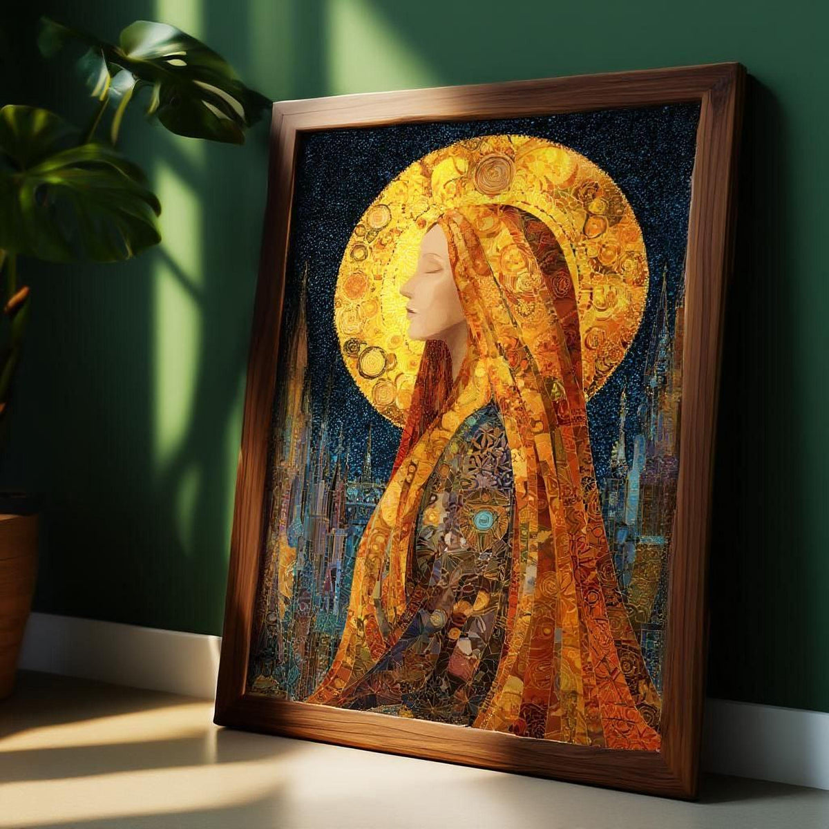 a framed painting of a woman with a golden halo, surrounded by a vibrant and intricate mosaic-like design.