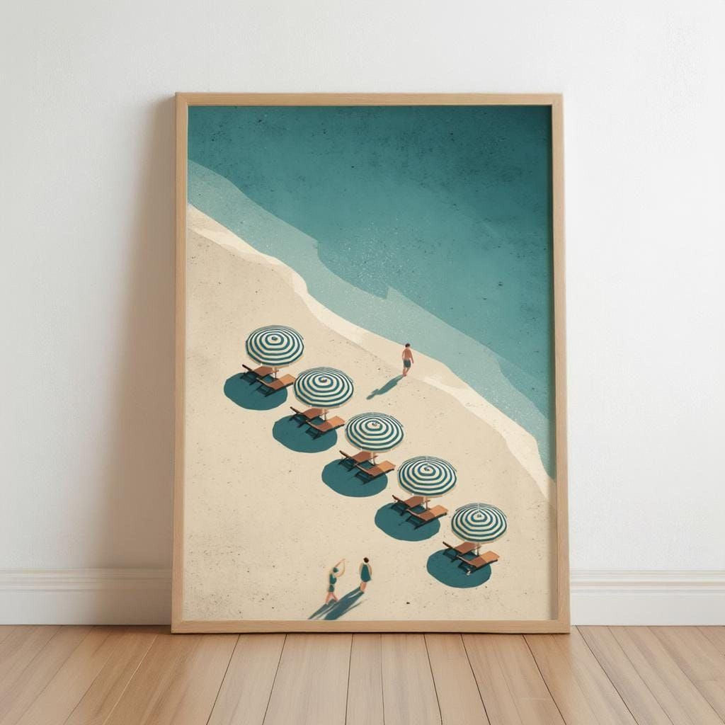 The image is a framed illustration depicting a beach scene with a row of striped umbrellas and people walking along the shoreline.