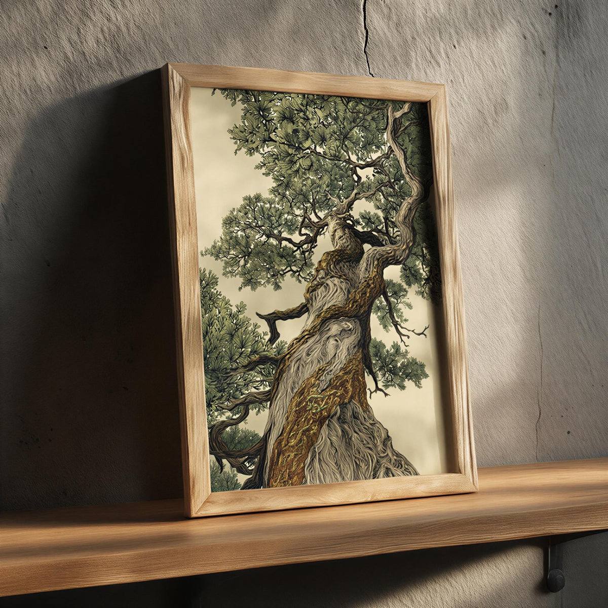A framed painting of a large, twisted tree with a gnarled trunk and lush green foliage, displayed on a wooden shelf against a concrete wall.