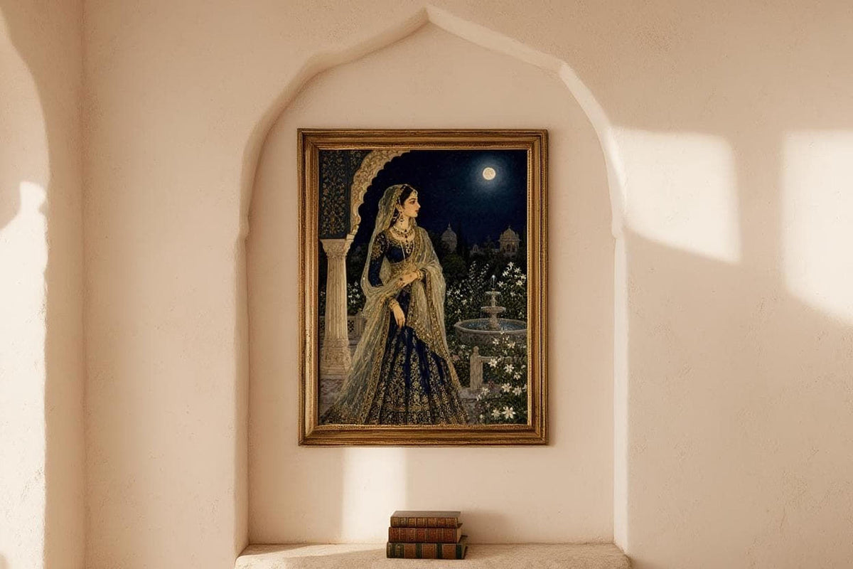a painting of a woman in a blue and gold dress, standing in a garden with a fountain and a moonlit sky in the background.