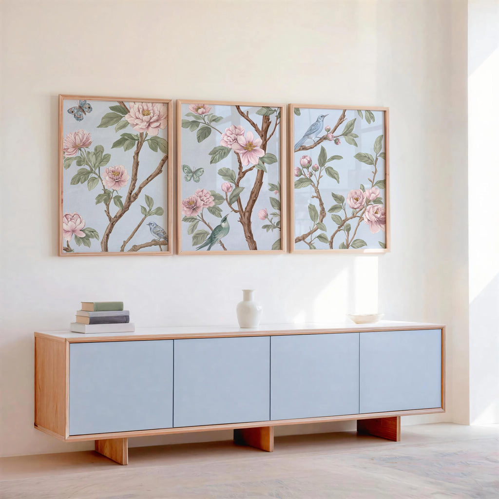 Light Blue, Pink, Green Chinoiserie, Pastel Chinese Wallpaper Print, Coquette Wall Art Set of 3, Birds & Flowers Botanical Tapestry Painting