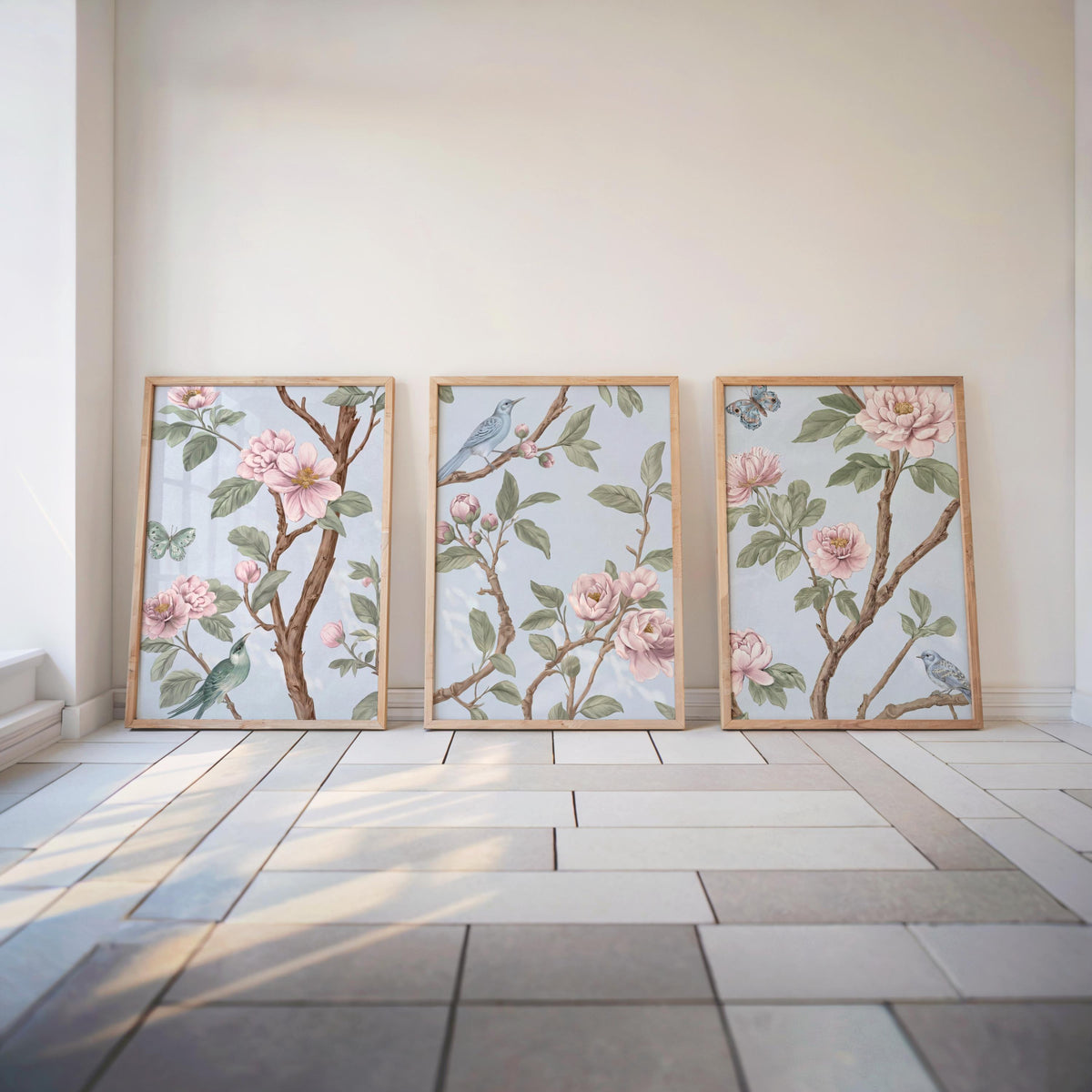 Light Blue, Pink, Green Chinoiserie, Pastel Chinese Wallpaper Print, Coquette Wall Art Set of 3, Birds & Flowers Botanical Tapestry Painting