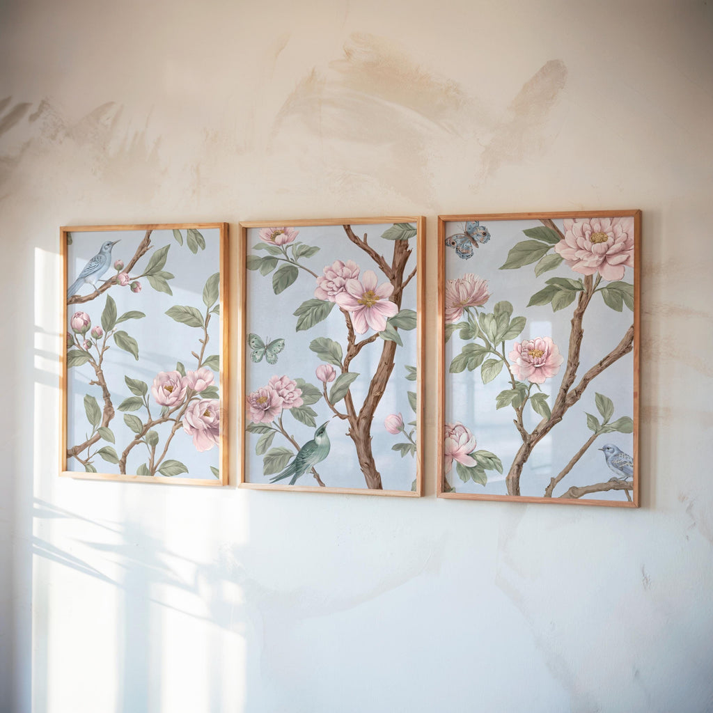 Light Blue, Pink, Green Chinoiserie, Pastel Chinese Wallpaper Print, Coquette Wall Art Set of 3, Birds & Flowers Botanical Tapestry Painting