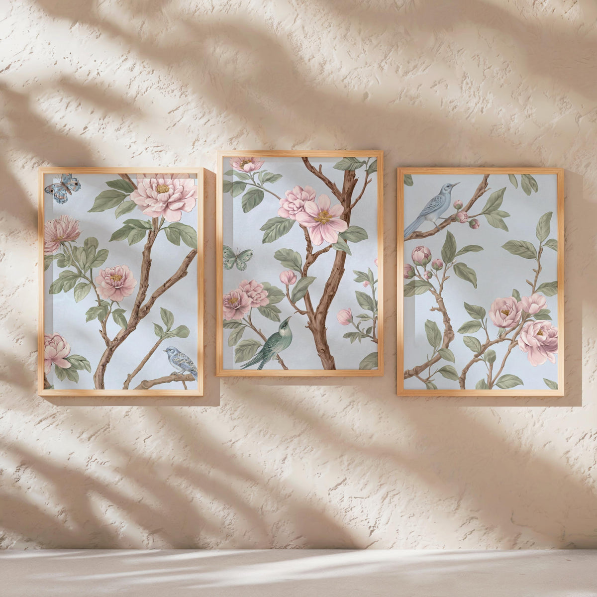 Light Blue, Pink, Green Chinoiserie, Pastel Chinese Wallpaper Print, Coquette Wall Art Set of 3, Birds & Flowers Botanical Tapestry Painting