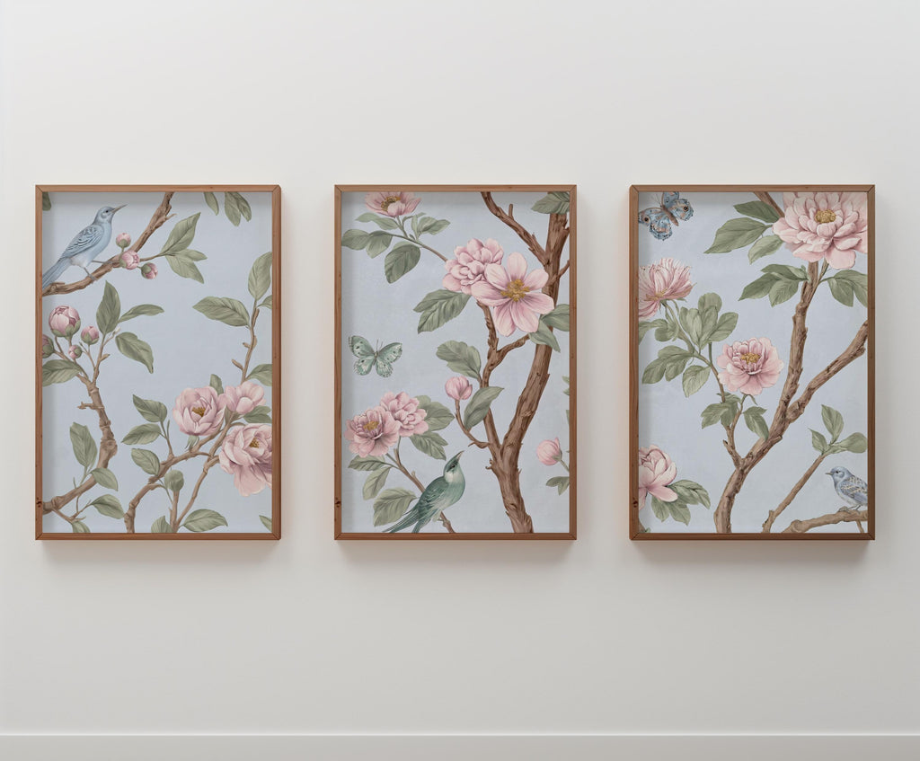 Light Blue, Pink, Green Chinoiserie, Pastel Chinese Wallpaper Print, Coquette Wall Art Set of 3, Birds & Flowers Botanical Tapestry Painting