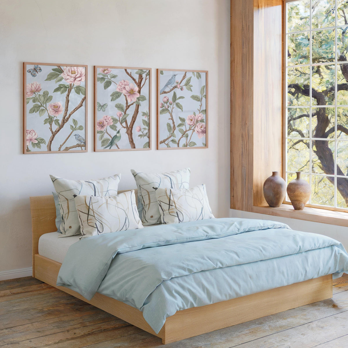 Light Blue, Pink, Green Chinoiserie, Pastel Chinese Wallpaper Print, Coquette Wall Art Set of 3, Birds & Flowers Botanical Tapestry Painting