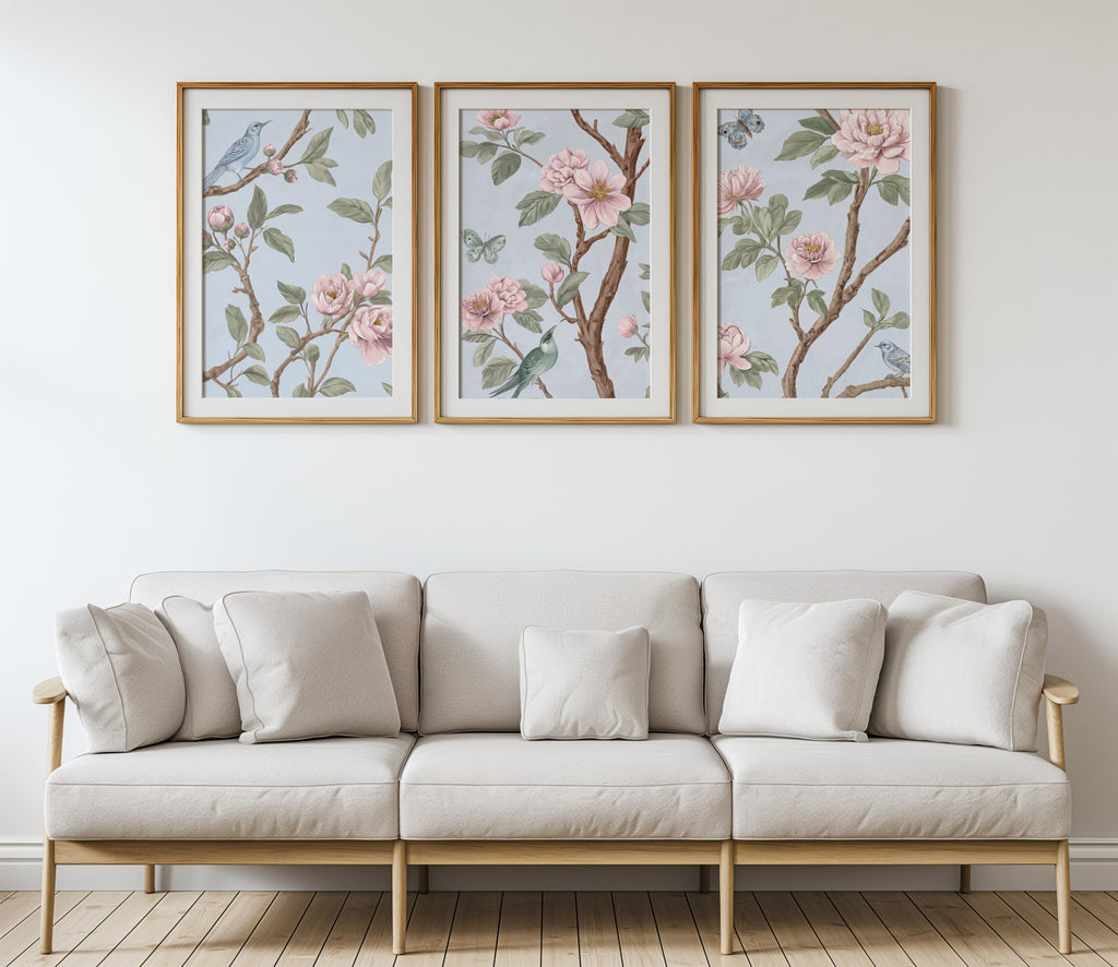 Light Blue, Pink, Green Chinoiserie, Pastel Chinese Wallpaper Print, Coquette Wall Art Set of 3, Birds & Flowers Botanical Tapestry Painting