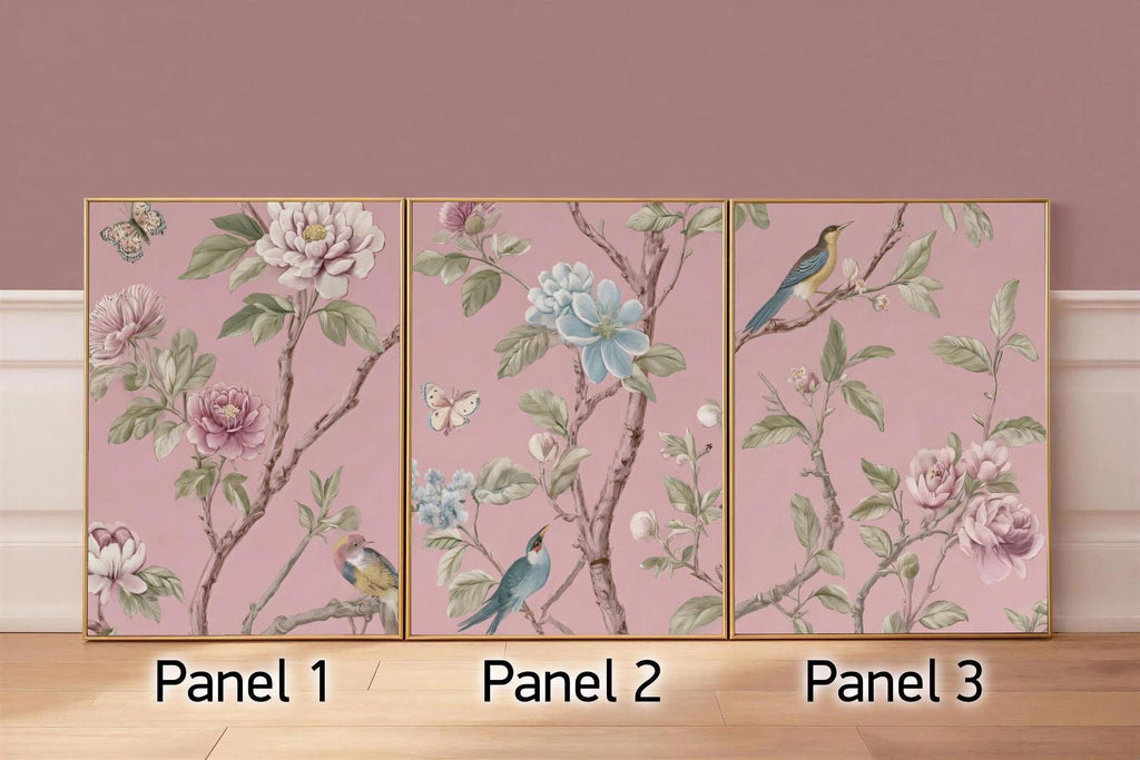 three panels with floral designs, each featuring different types of birds and flowers. The panels are arranged in a row, with the first panel on the left, the second panel in the middle, and the third panel on the right.