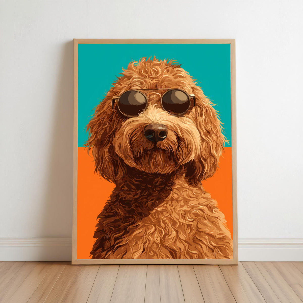Framed labradoodle wall art, bold pop art portrait of a shaggy doodle in sunglasses, teal and orange.