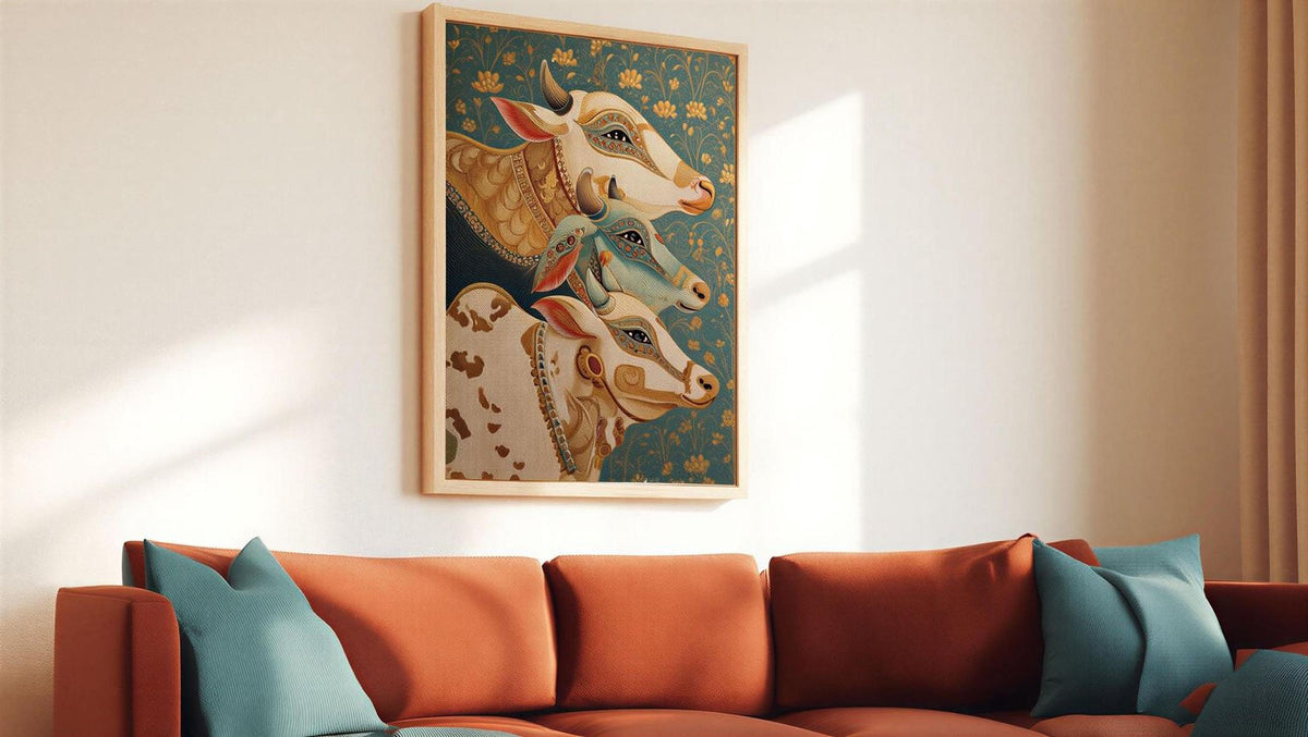 a large, colorful painting of cows hanging on a wall above a red couch with blue pillows.