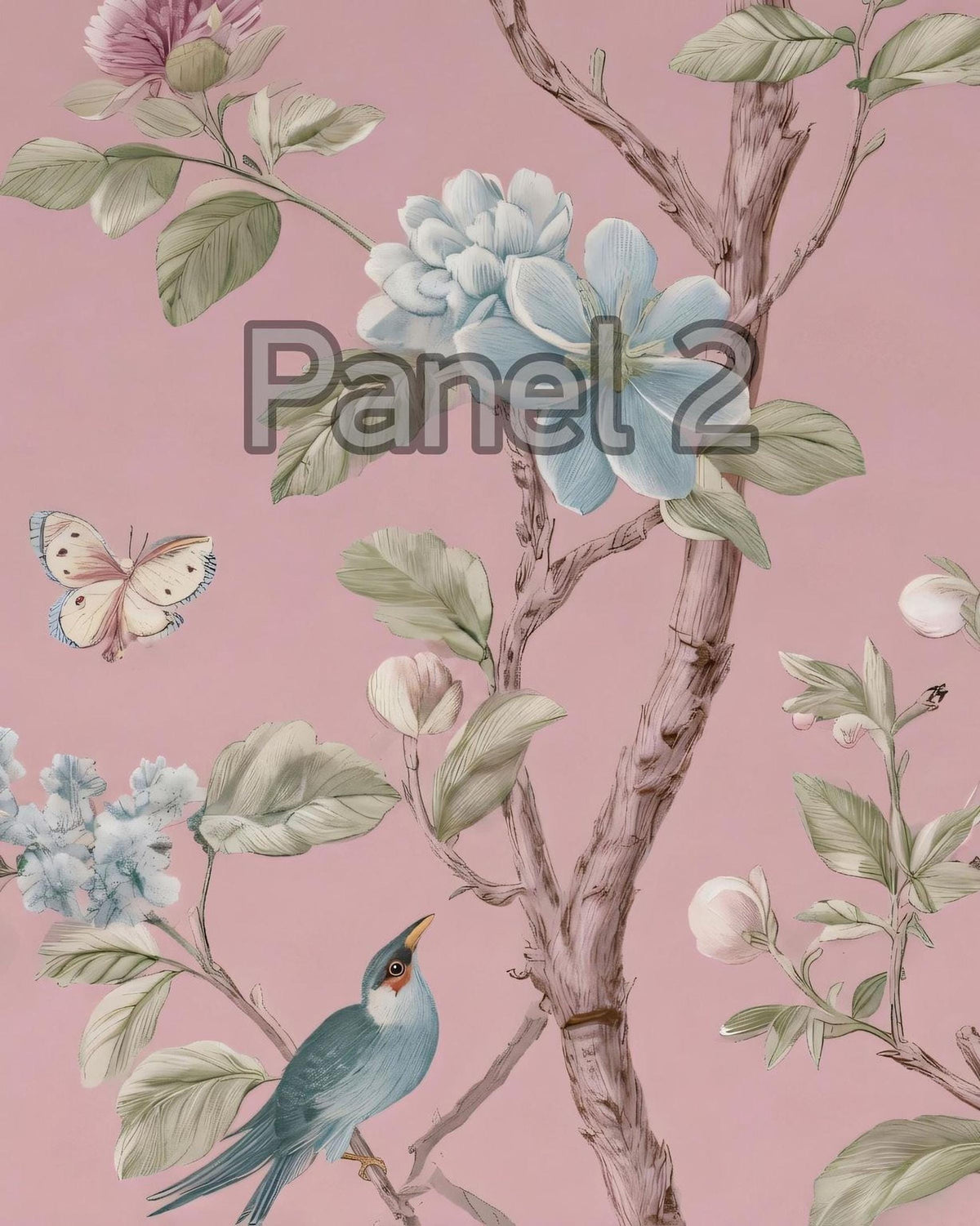 The image is a vibrant and detailed illustration of a tree branch adorned with various flowers and leaves, including a blue bird perched on one of the branches.