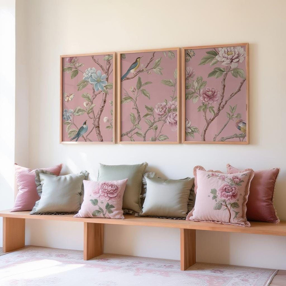a cozy seating area with a wooden bench adorned with colorful pillows. Above the bench, there are three framed pictures of pink floral designs, creating a visually appealing and harmonious display.