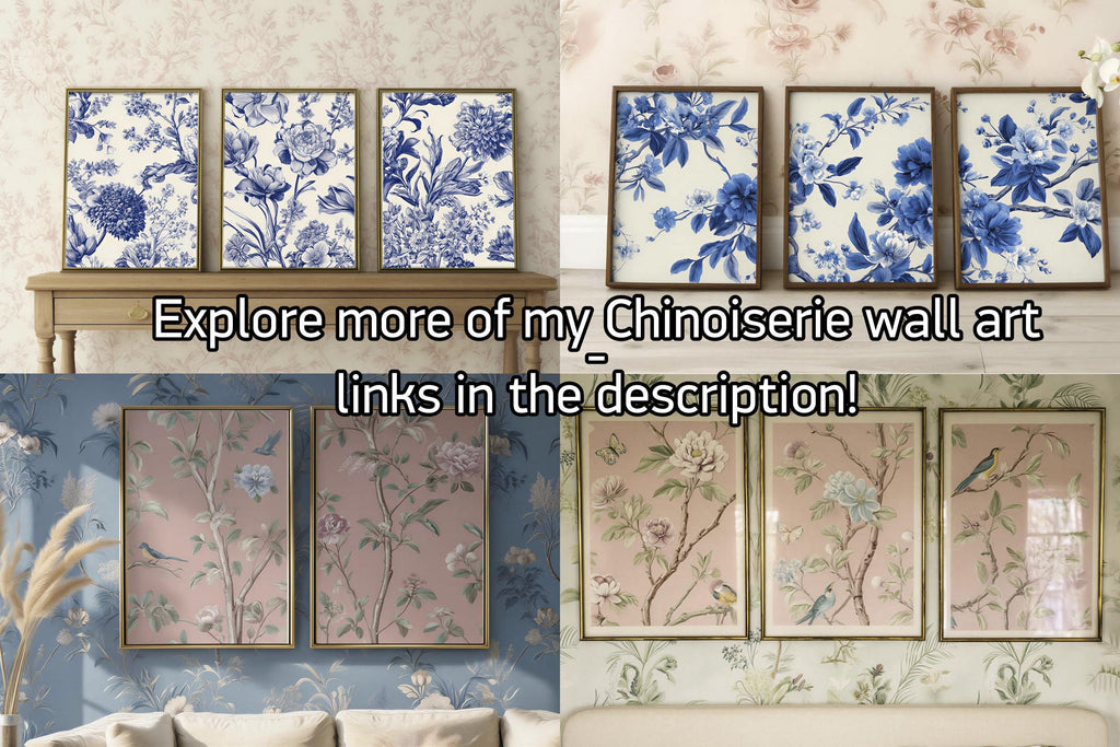 The image is a collage of four different wall art pieces, each featuring a floral pattern in blue and white colors. The collage includes three framed artworks on the left side and two framed artworks on the right side of the image. The text overlay at the top of the image reads "Explore more of my Chinoiserie wall art links in the description!"