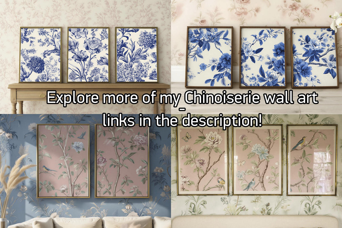 The image is a collage of four different wall art pieces, each featuring a floral pattern in blue and white colors. The collage includes three framed artworks on the left side and two framed artworks on the right side of the image. The text overlay at the top of the image reads "Explore more of my Chinoiserie wall art links in the description!"