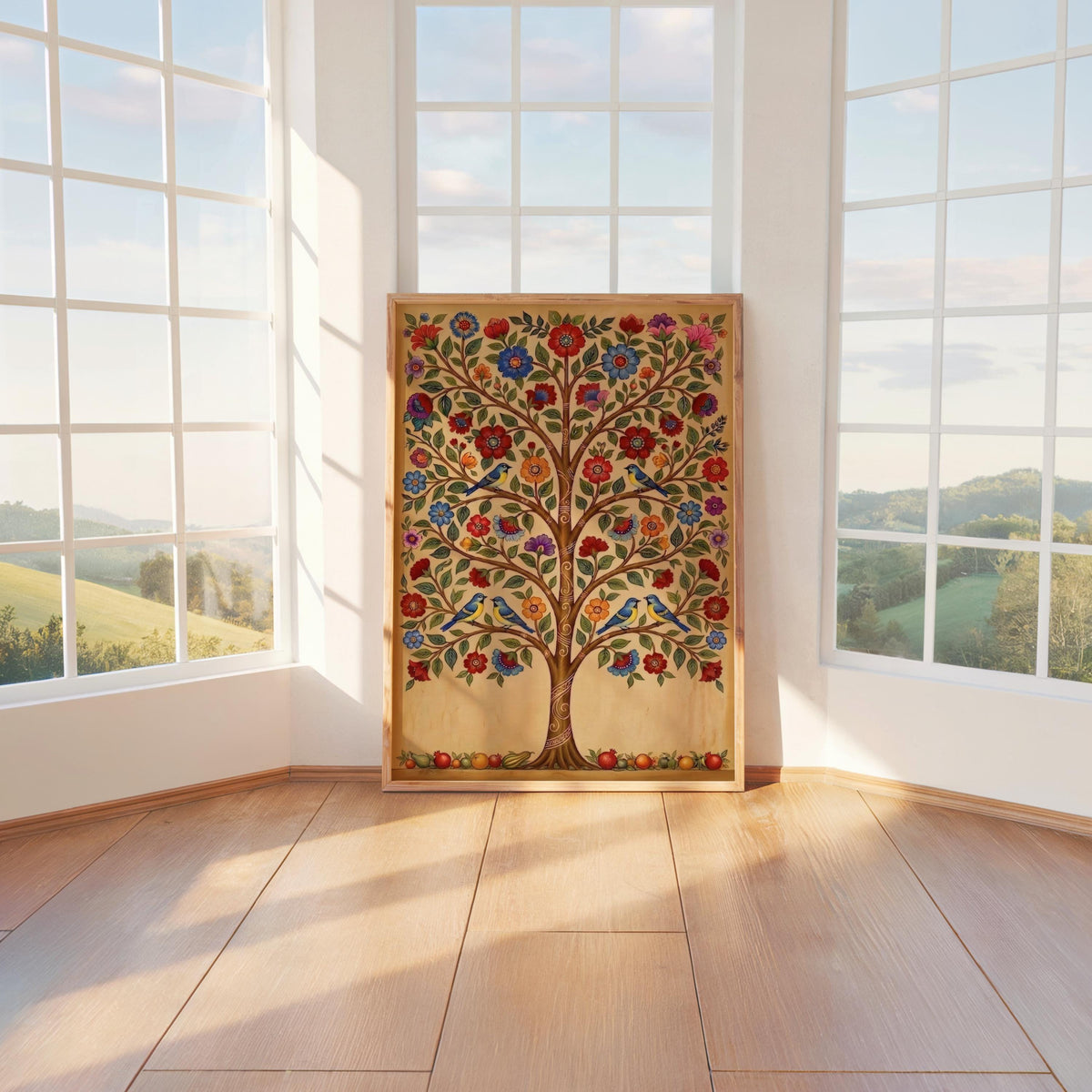 a large, colorful tree painting displayed in a wooden frame, situated in a room with large windows overlooking a scenic landscape.