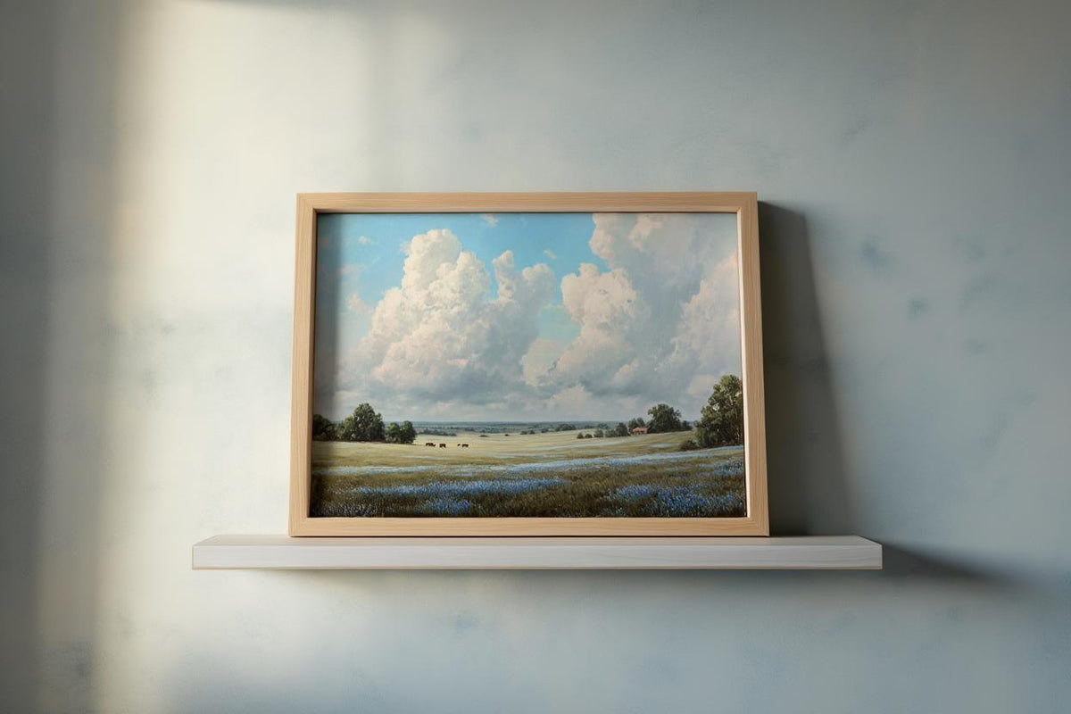 Bluebonnet Landscape Texas Wall Art, Hill Country Oil Painting, Wildflower Meadow Poster, Pastoral Countryside Print, Rustic Home Decor