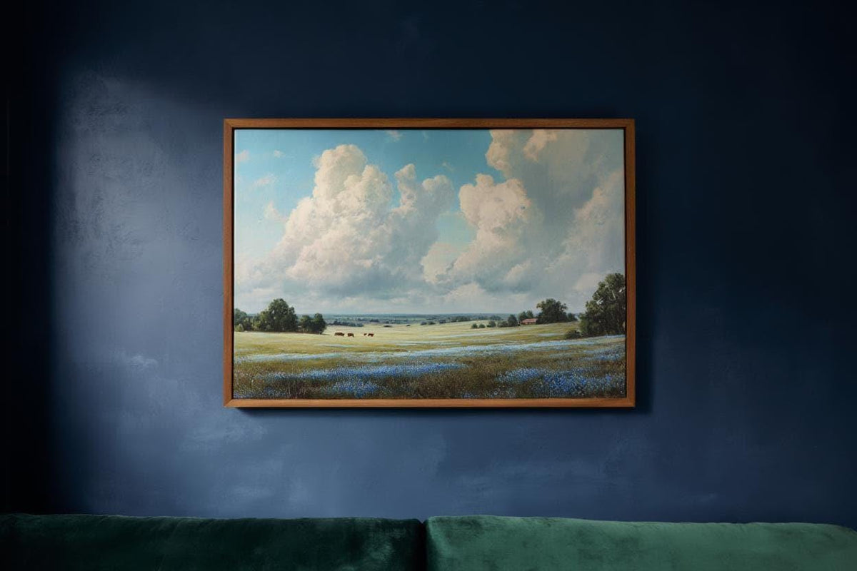 Bluebonnet Landscape Texas Wall Art, Hill Country Oil Painting, Wildflower Meadow Poster, Pastoral Countryside Print, Rustic Home Decor