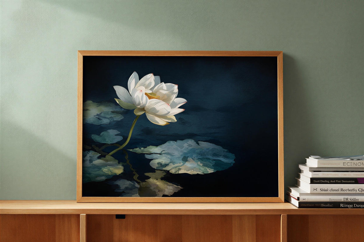 White lotus wall art on a pale green wall by stacked books, calm zen meditation wall art, soothing print for a reading nook