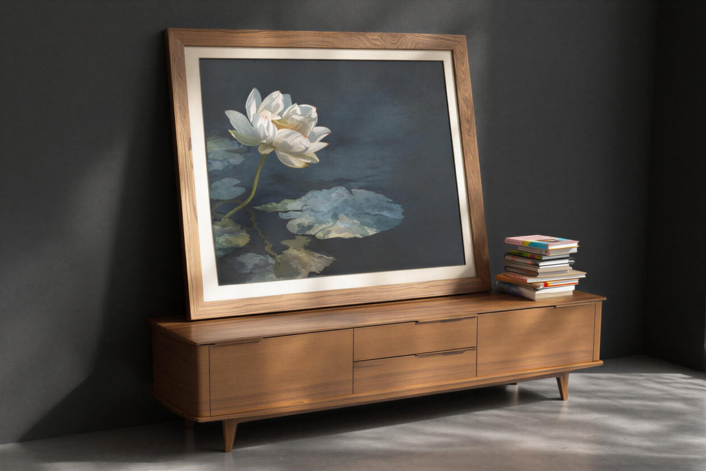 Framed white lotus wall art leaning on a low wooden credenza, teal and charcoal water tones, Asian botanical wall decor styling