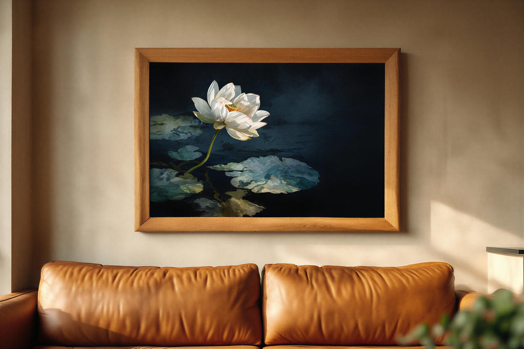 Centered white lotus wall art above a warm leather sofa, dramatic navy background, dark lotus wall art with Chinese lotus painting feel