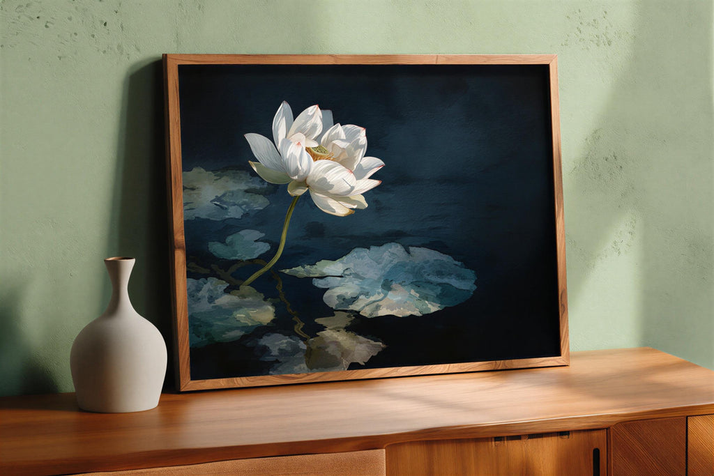 Framed white lotus wall art atop a wooden dresser against soft green paint, moody lotus print, Asian botanical wall decor vignette
