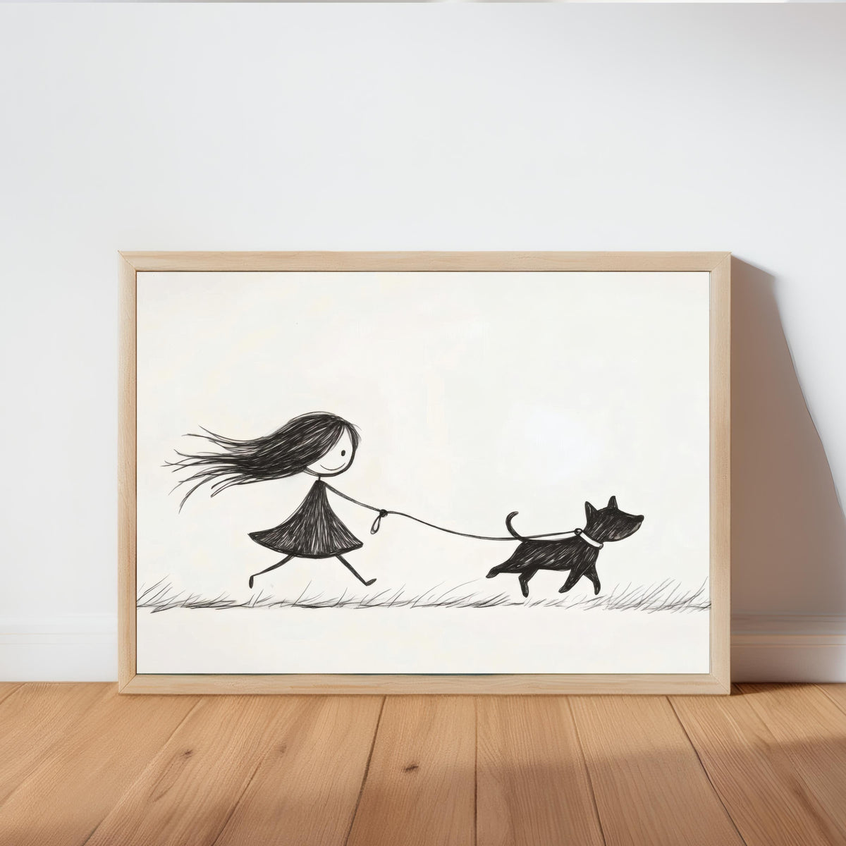 Girl Walking Dog Line Art, Modern Minimalist Drawing Print, Cute Pet Poster, Animal Lover Wall Art, Black and White Sketch, Children's Decor