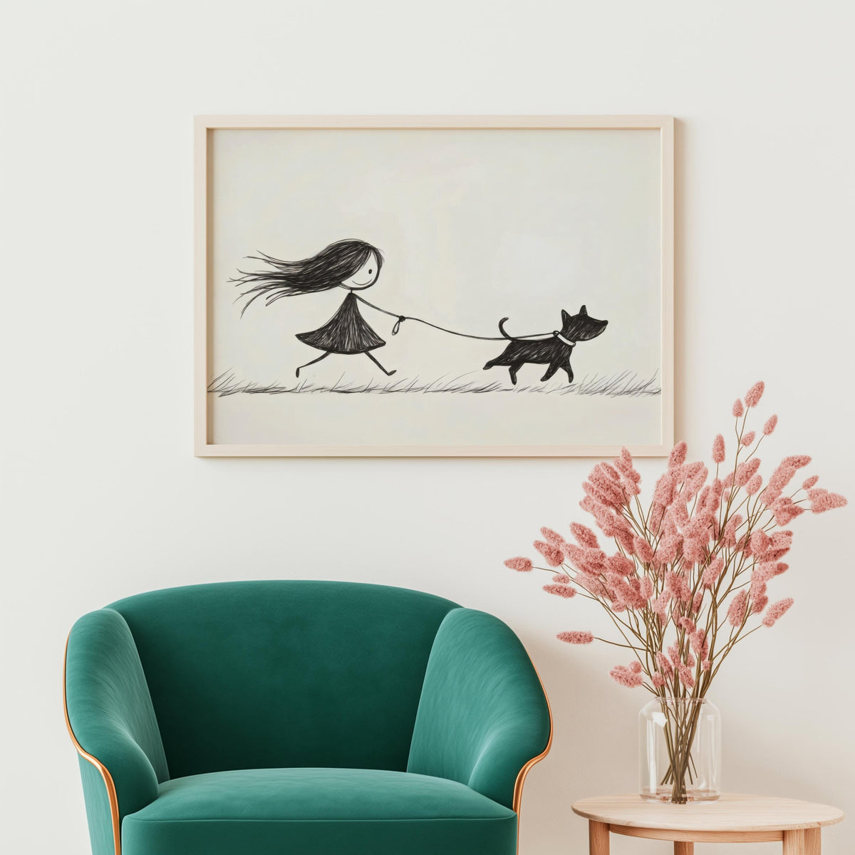 Girl Walking Dog Line Art, Modern Minimalist Drawing Print, Cute Pet Poster, Animal Lover Wall Art, Black and White Sketch, Children's Decor