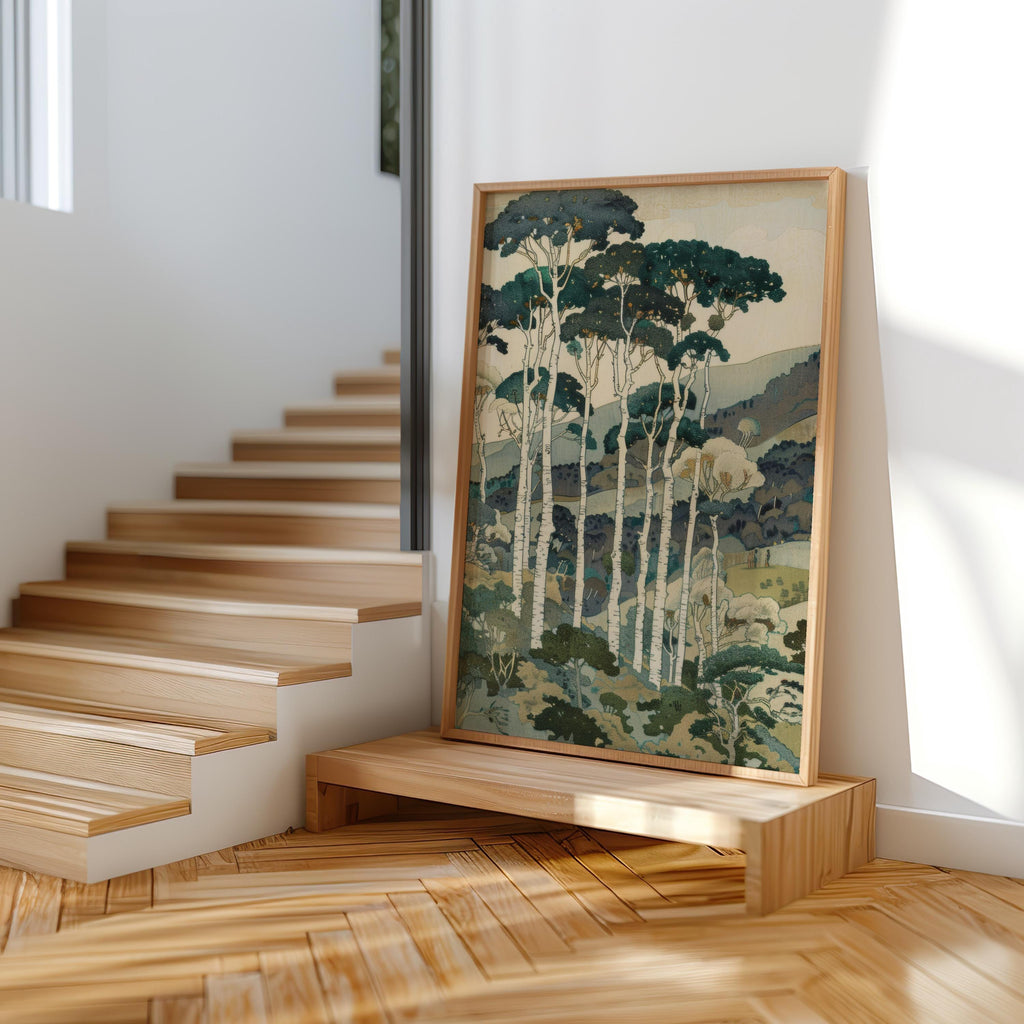 Vintage Tall Trees Over Rolling Hills Print, Forest & Mountain Landscape Wall Art, Living Room Poster, Japanese Style Nature Woodblock Decor