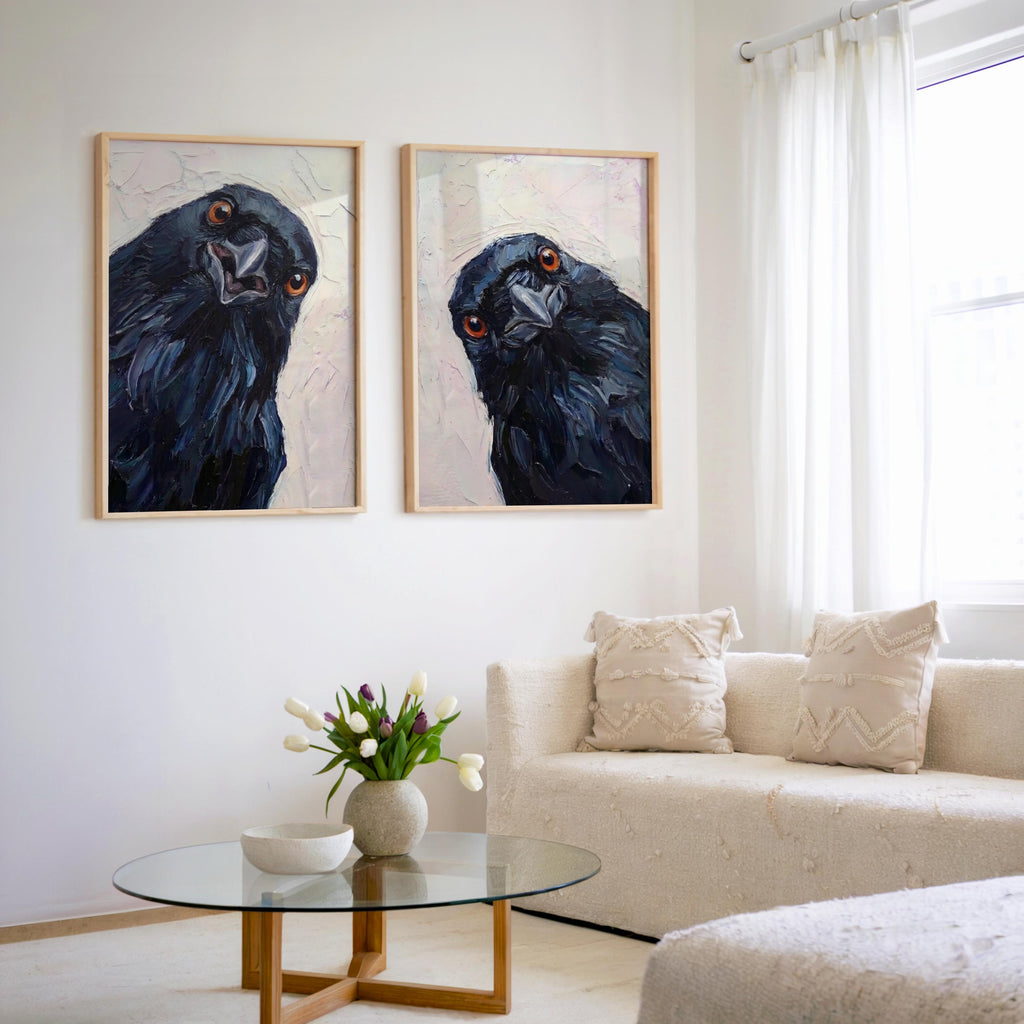 Whimsical Crows Wall Art Set of 2, Curious Raven Portrait, Moody Bird Lover Painting, Rustic Animal Print, Nursery Gift, Modern Home Decor