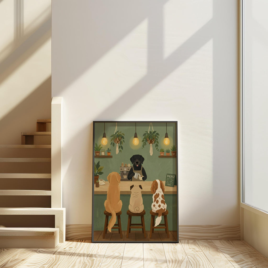 Dog Cafe Barista Art Print, Whimsical Pet Coffee Shop Illustration, Coffee Bar Poster with Dogs, Funny Kitchen Wall Decor, Cozy Animal Gift