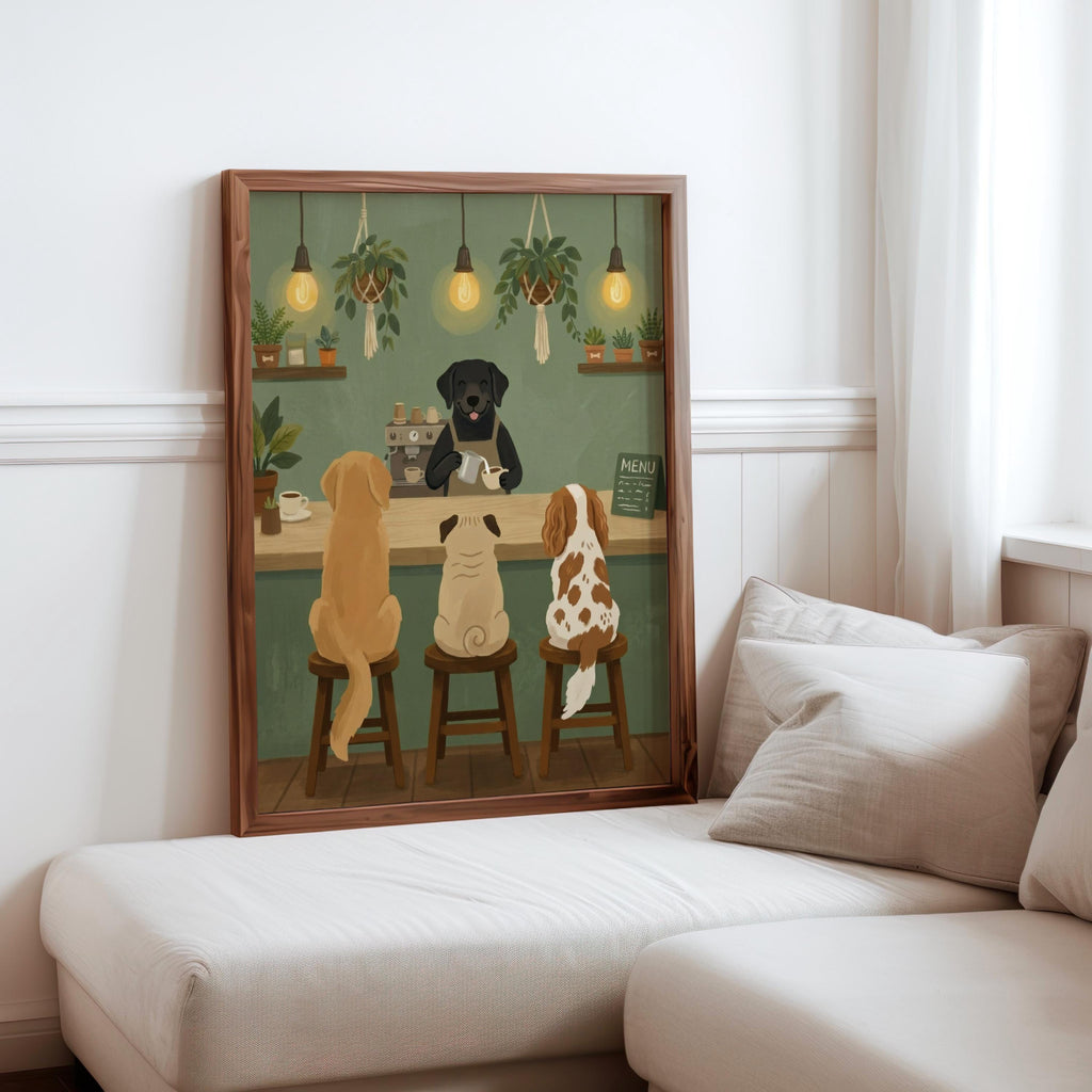 Dog Cafe Barista Art Print, Whimsical Pet Coffee Shop Illustration, Coffee Bar Poster with Dogs, Funny Kitchen Wall Decor, Cozy Animal Gift