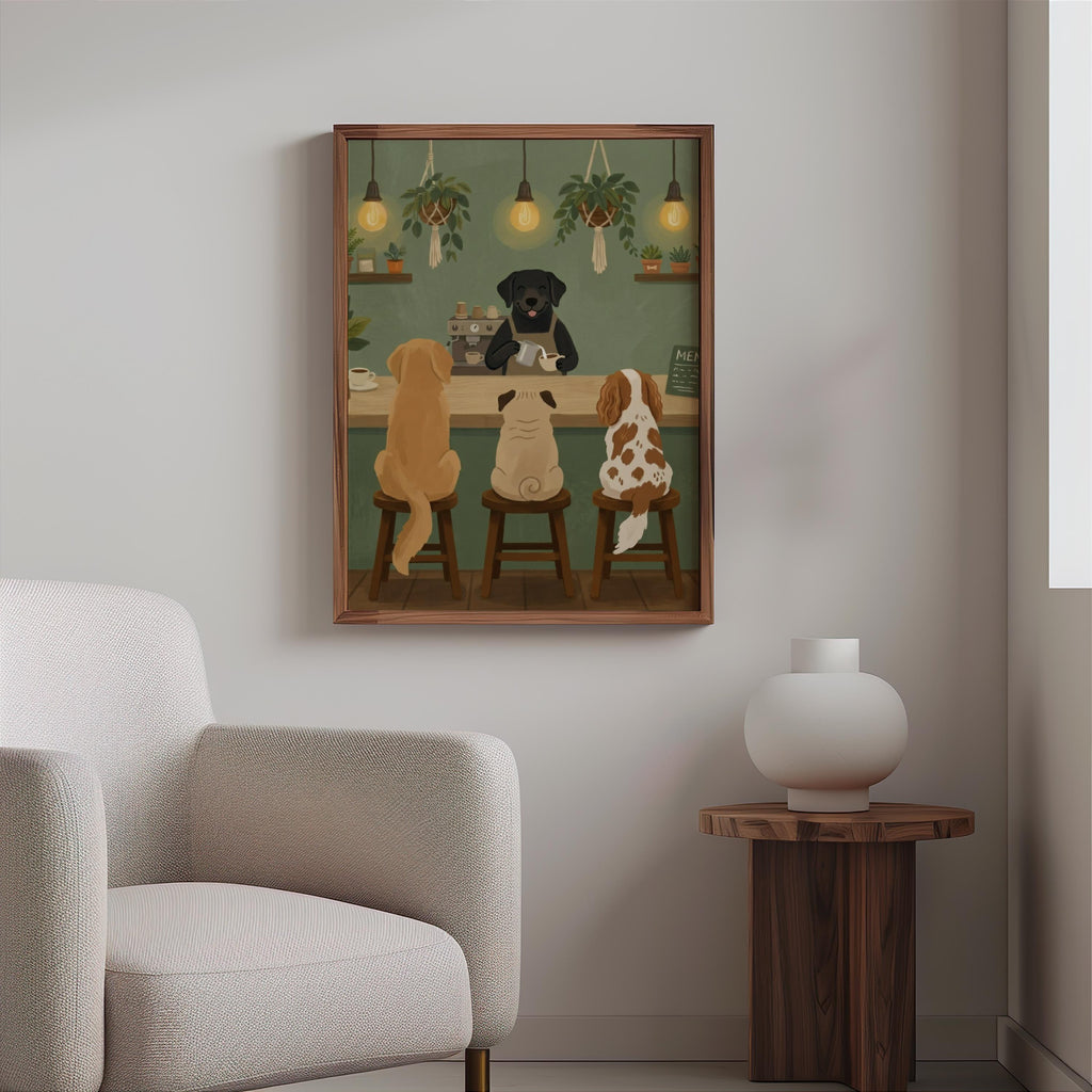 Dog Cafe Barista Art Print, Whimsical Pet Coffee Shop Illustration, Coffee Bar Poster with Dogs, Funny Kitchen Wall Decor, Cozy Animal Gift