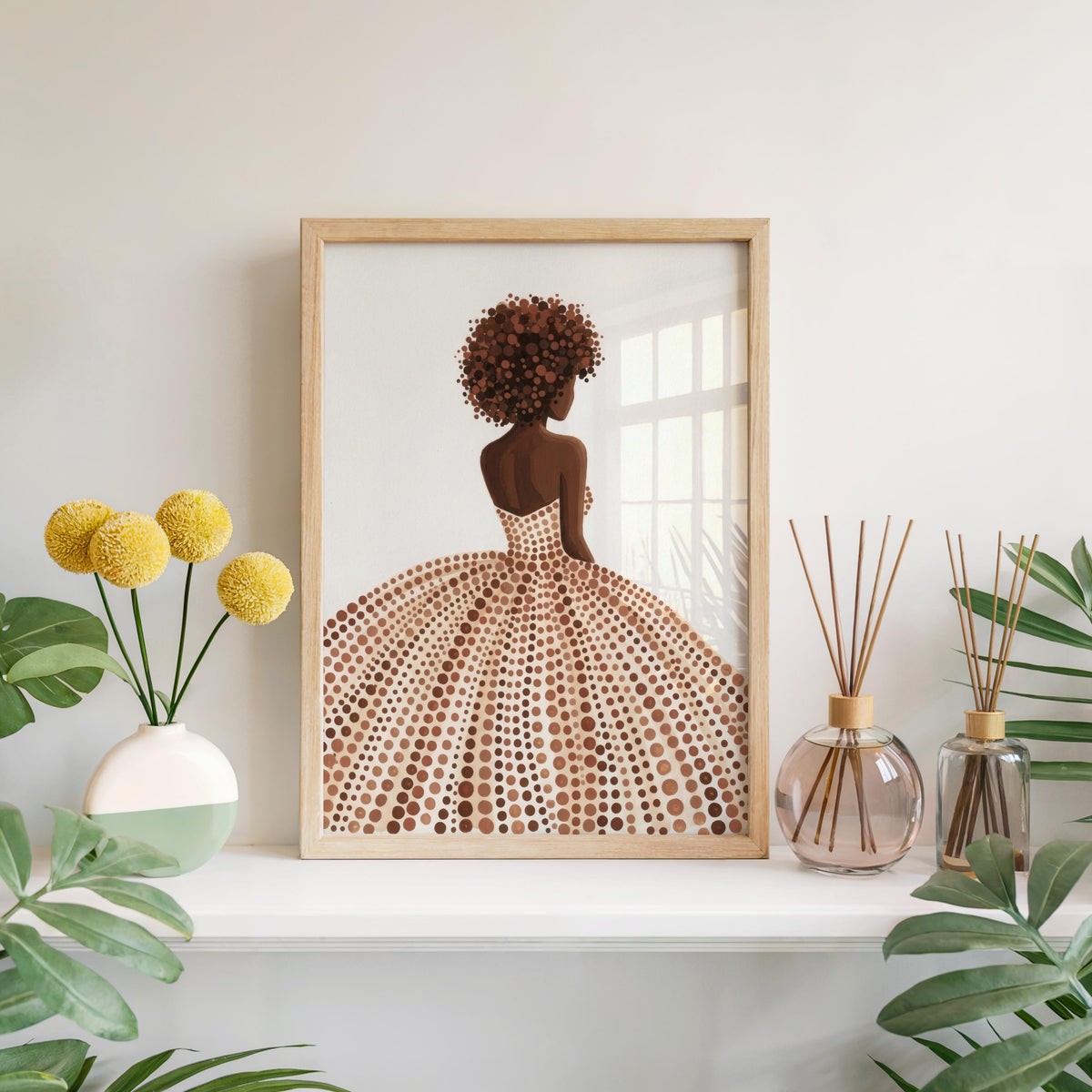 Afrocentric Woman Portrait Print: Boho Modern Beige Minimalist Art